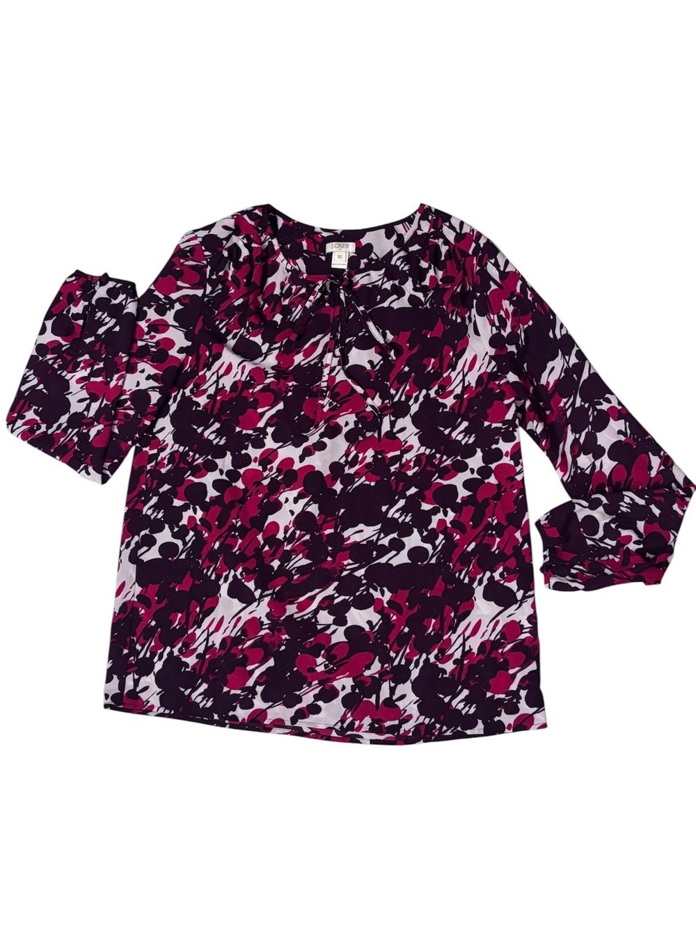 J. Crew Red Plum Botanical Floral Long Sleeve Blouse Chiffon Keyhole Tie Sz XS